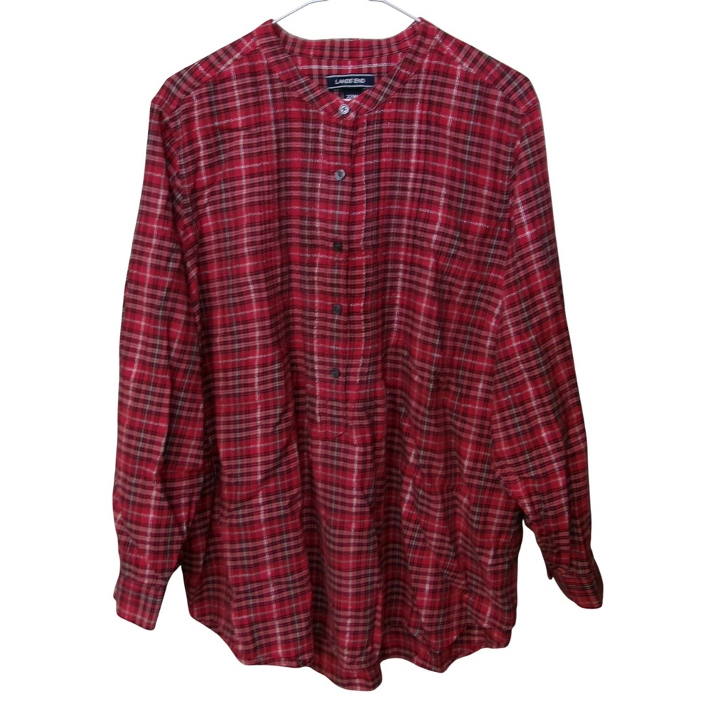 Lands End Womens 22W Red Plaid Metallic Lurex Popover Band Collar Tunic Blouse
